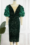 Red Elegant Solid Sequins Patchwork Fold V Neck Evening Dress Dresses