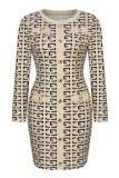 Apricot Casual Print Patchwork O Neck Long Sleeve Dresses