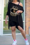 Black Gold Casual Print Asymmetrical Oblique Collar Long Sleeve Two Pieces