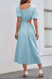 Orange Casual Solid Hollowed Out Oblique Collar Short Sleeve Dress Dresses