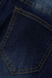 Medium Blue Casual Solid Patchwork High Waist Denim Jeans