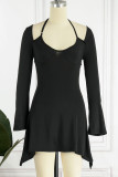 Black Sexy Solid Hollowed Out Patchwork Asymmetrical Irregular Dress Dresses
