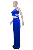 Blue Sexy Solid Bandage Backless O Neck Sleeveless Two Pieces