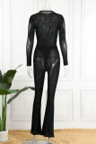Black Sexy Solid Hollowed Out Patchwork See-through O Neck Long Sleeve Two Pieces