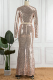 Green Sexy Solid Sequins Patchwork O Neck Long Sleeve Two Pieces