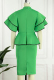 Green Casual Solid Patchwork Flounce O Neck One Step Skirt Dresses