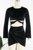Black Sexy Solid Hollowed Out Patchwork Fold O Neck One Step Skirt Dresses