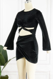 Black Sexy Solid Hollowed Out Patchwork Fold O Neck One Step Skirt Dresses