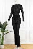 Black Sexy Solid Hollowed Out Patchwork See-through O Neck Long Sleeve Two Pieces