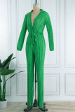 Green Sexy Solid Bandage Patchwork Fold V Neck Straight Jumpsuits