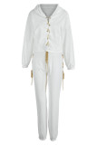 White Sexy Solid Patchwork Chains Asymmetrical Long Sleeve Two Pieces