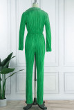Green Sexy Solid Bandage Patchwork Fold V Neck Straight Jumpsuits