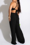 Black Sexy Solid Bandage Backless O Neck Sleeveless Two Pieces