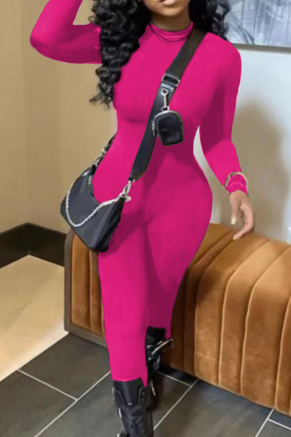 Rose Red Sexy Solid Patchwork Half A Turtleneck Skinny Jumpsuits