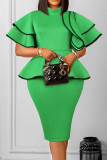 Green Casual Solid Patchwork Flounce O Neck One Step Skirt Dresses