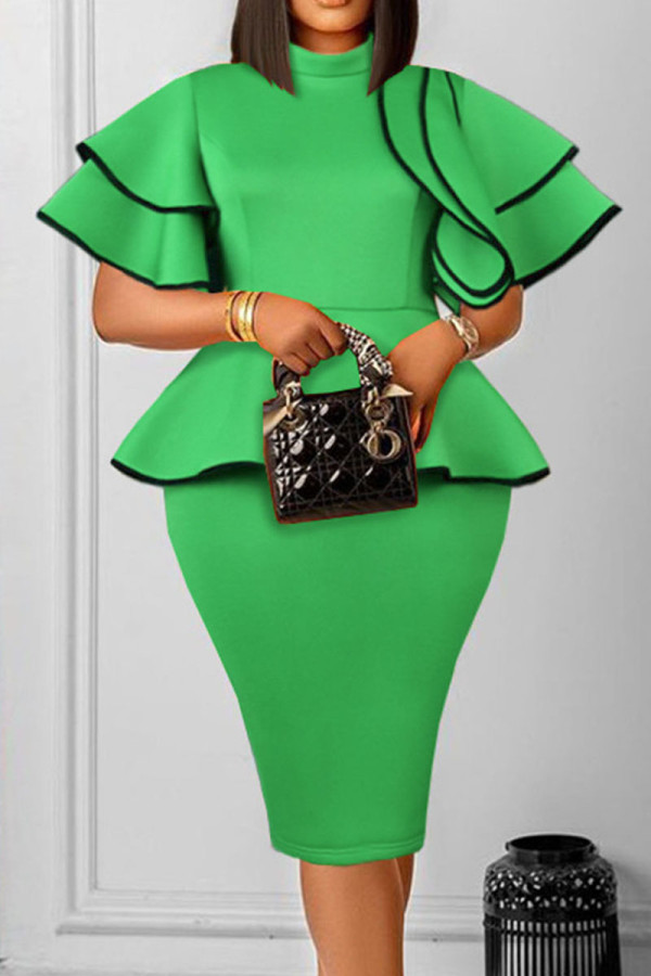 Green Casual Solid Patchwork Flounce O Neck One Step Skirt Dresses