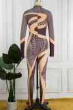 Brown Sexy Print Patchwork Zipper Collar Skinny Jumpsuits