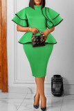Green Casual Solid Patchwork Flounce O Neck One Step Skirt Dresses