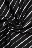 Black Sexy Street Striped Print Hollowed Out Patchwork Asymmetrical Turndown Collar Long Sleeve Two Pieces