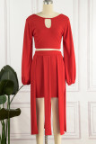 Red Casual Solid Hollowed Out Patchwork Asymmetrical O Neck Long Sleeve Two Pieces