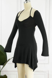 Black Sexy Solid Hollowed Out Patchwork Asymmetrical Irregular Dress Dresses