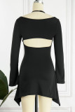 Black Sexy Solid Hollowed Out Patchwork Asymmetrical Irregular Dress Dresses