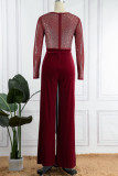 Blue Sexy Solid Patchwork See-through Hot Drill O Neck Straight Jumpsuits