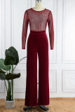 Blue Sexy Solid Patchwork See-through Hot Drill O Neck Straight Jumpsuits