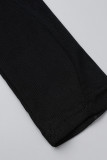 Black Sexy Solid Hollowed Out Patchwork See-through O Neck Long Sleeve Two Pieces