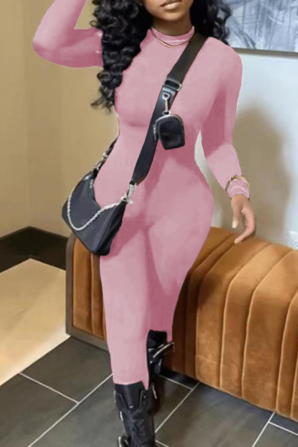 Pink Sexy Solid Patchwork Half A Turtleneck Skinny Jumpsuits