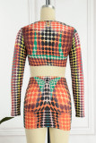 Blue Sexy Print Patchwork V Neck Long Sleeve Two Pieces