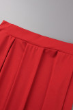 Red Casual Solid Hollowed Out Patchwork Asymmetrical O Neck Long Sleeve Two Pieces