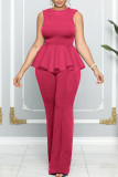 Blue Casual Solid Patchwork Flounce O Neck Straight Jumpsuits