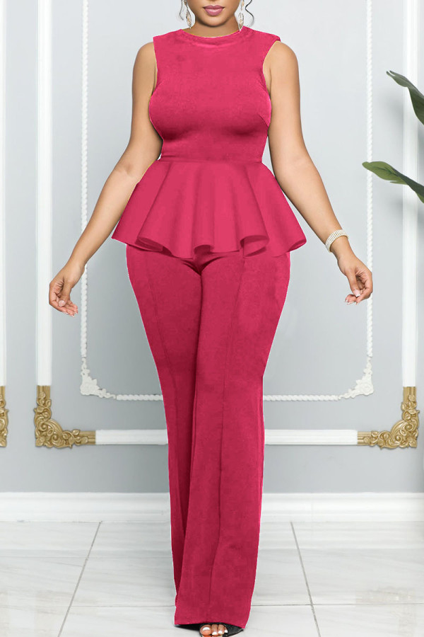 Rose Red Casual Solid Patchwork Flounce O Neck Straight Jumpsuits
