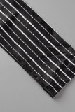 Black Sexy Street Striped Print Hollowed Out Patchwork Asymmetrical Turndown Collar Long Sleeve Two Pieces