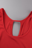 Red Casual Solid Hollowed Out Patchwork Asymmetrical O Neck Long Sleeve Two Pieces