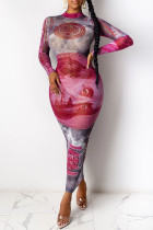 Pink Sexy Print Patchwork See-through Half A Turtleneck Pencil Skirt Dresses