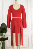 Red Casual Solid Hollowed Out Patchwork Asymmetrical O Neck Long Sleeve Two Pieces