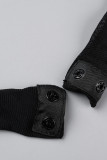 Black Sexy Solid Hollowed Out Patchwork See-through O Neck Long Sleeve Two Pieces