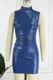 Blue Sexy Solid Patchwork Half A Turtleneck Pencil Skirt Dresses