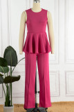 Blue Casual Solid Patchwork Flounce O Neck Straight Jumpsuits