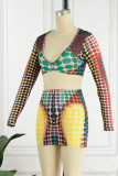 Blue Sexy Print Patchwork V Neck Long Sleeve Two Pieces