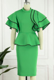 Green Casual Solid Patchwork Flounce O Neck One Step Skirt Dresses