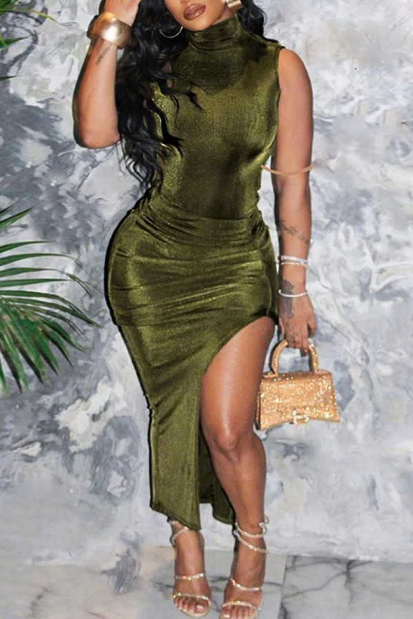 Olive Green Sexy Solid Patchwork Slit Fold Half A Turtleneck Pencil Skirt Dresses