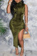 Olive Green Sexy Solid Patchwork Slit Fold Half A Turtleneck Pencil Skirt Dresses