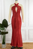 Red Sexy Solid Sequins Patchwork Backless Halter Evening Dress Dresses