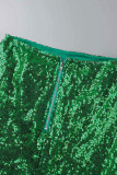 Green Sexy Solid Sequins Patchwork O Neck Long Sleeve Two Pieces