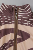 Brown Sexy Print Patchwork Zipper Collar Skinny Jumpsuits