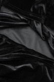 Black Sexy Solid Hollowed Out Patchwork Fold O Neck One Step Skirt Dresses