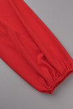 Red Casual Solid Hollowed Out Patchwork Asymmetrical O Neck Long Sleeve Two Pieces